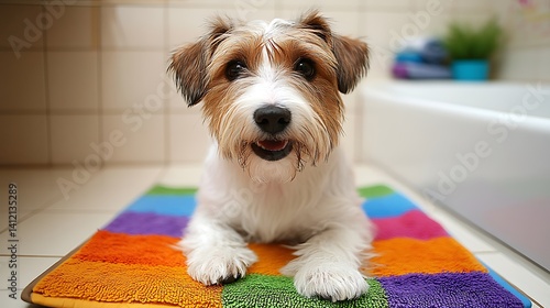 Dog on Colorful Bath Mat