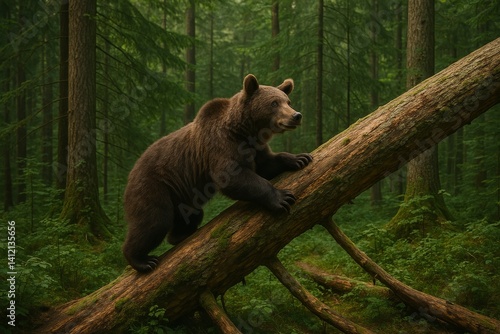 Brown Bear Climbing on Fallen Log in Dense Forest During Daytime