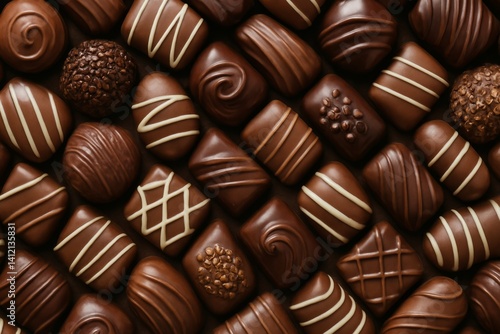 Assortment of Dark Chocolate Candies Arranged on a Surface With Varied Design...