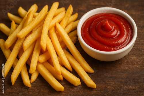 Delicious Golden French Fries Served With a Side of Rich Red Ketchup in a Rus...