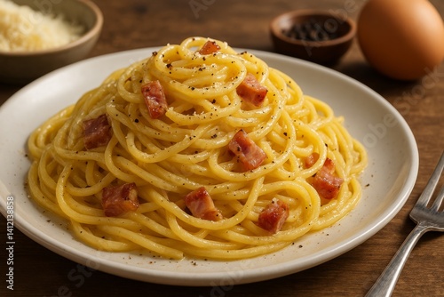 Delicious Spaghetti Carbonara Served on a White Plate With Garnishes at a Coz...