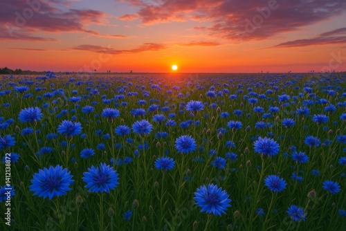 Colorful Blue Flowers Bloom Under a Vibrant Sunset Over a Scenic Field