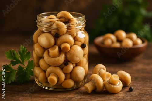 Delicious Pickled Mushrooms in a Glass Jar With Fresh Herbs on Rustic Wooden ...