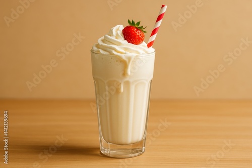 Creamy Milkshake Topped With Whipped Cream and Strawberry at a Cozy Eatery