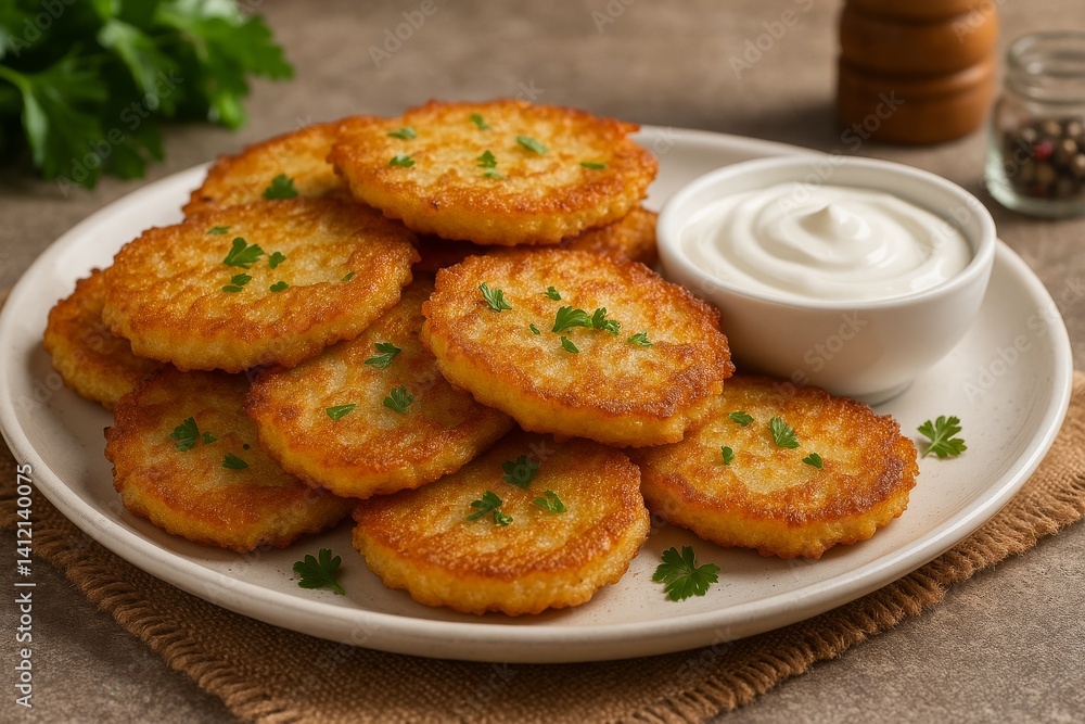 Delicious Crispy Potato Pancakes Served With Sour Cream and Fresh Herbs for a Perfect Snack Delicious Crispy Potato Pancakes Served With Sour Cream and Fresh Herbs for a Perfect Snack