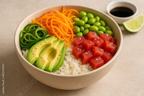 Fresh and Colorful Poke Bowl With Tuna, Avocado, and Vegetables on a Light Ba...