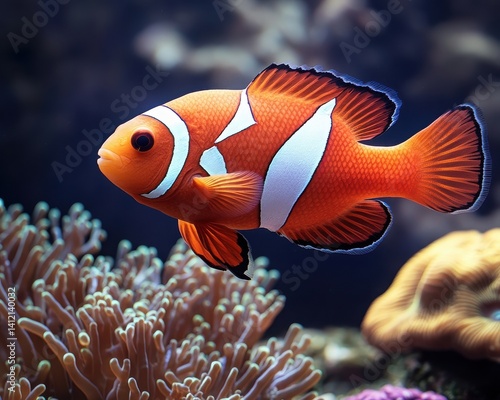 A vibrant clownfish swims gracefully amidst colorful coral, showcasing the beauty of marine life in an underwater ecosystem. photo