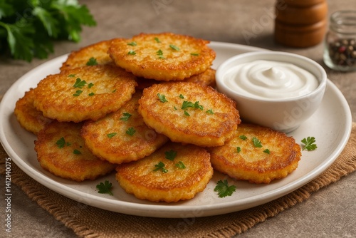 Delicious Crispy Potato Pancakes Served With Sour Cream and Fresh Herbs for a...