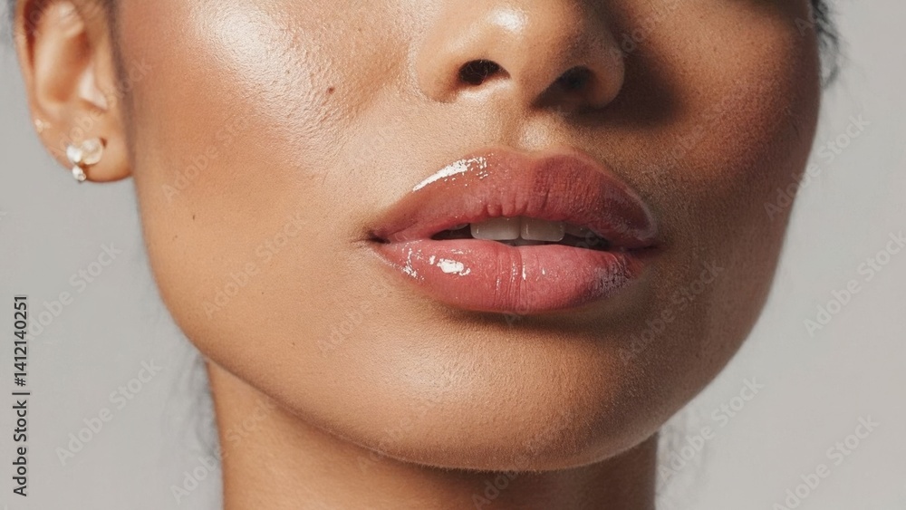 Obraz premium Close-up portrait of a woman with healthy skin, glossy red lipstick, and natural beauty.