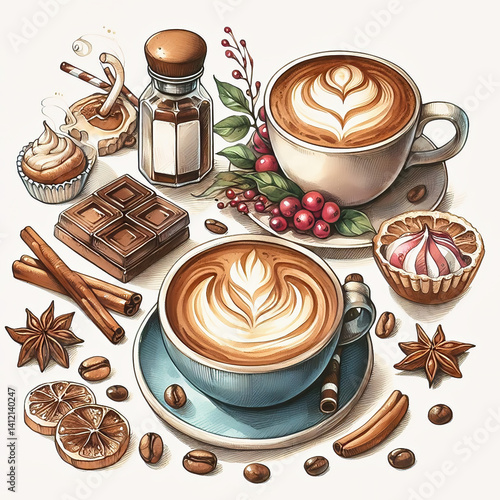 Detailed illustration of a cappuccino cup with heart latte art, coffee beans