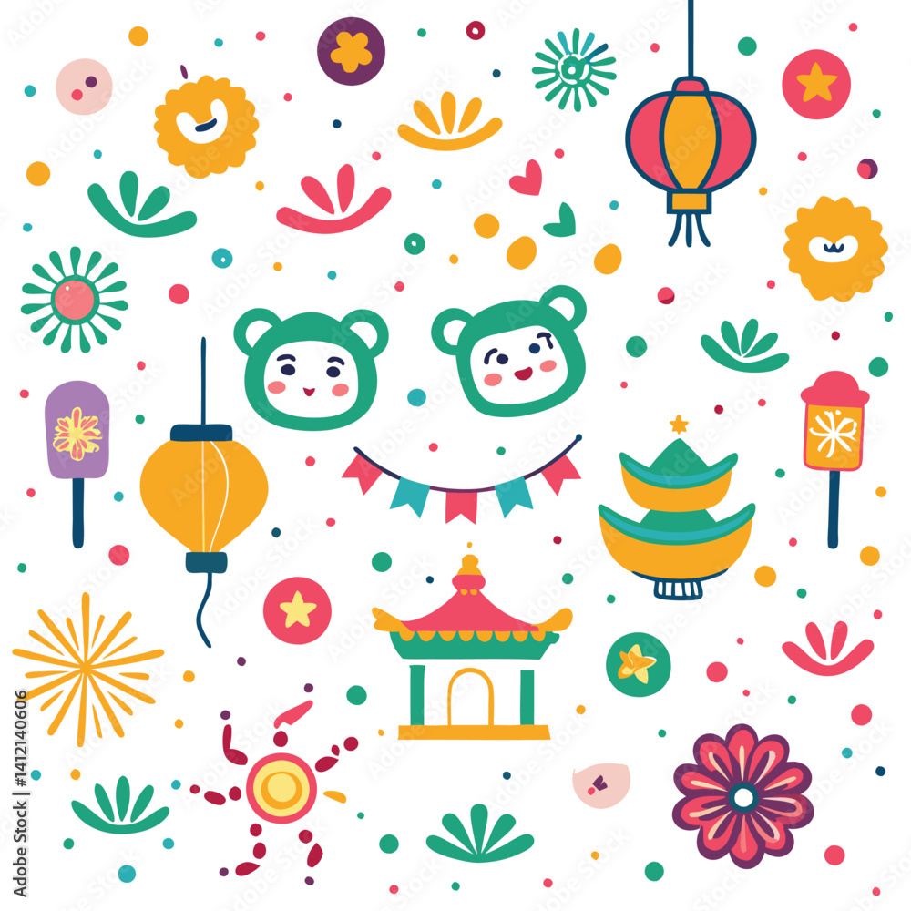 Festive Asian-inspired pattern with cheerful elements Festive Asian-inspired pattern with cheerful elements