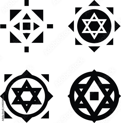 Geometric symbols, black and white designs, abstract shapes, star of David motif, symmetrical patterns, sacred geometry, esoteric iconography, minimalist artwork, spiritual emblems, mathematical preci