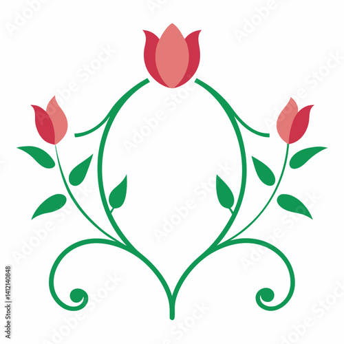 Tulip cluster ornament frame with graceful vines vector art and illustration