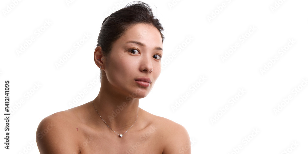 Portrait of elegant young woman with smooth, spotless, clean skin, plump lips and small nose isolated on white background. Concept of natural beauty, spa, cosmetology, beauty products. Ads Portrait of elegant young woman with smooth, spotless, clean skin, plump lips and small nose isolated on white background. Concept of natural beauty, spa, cosmetology, beauty products. Ads