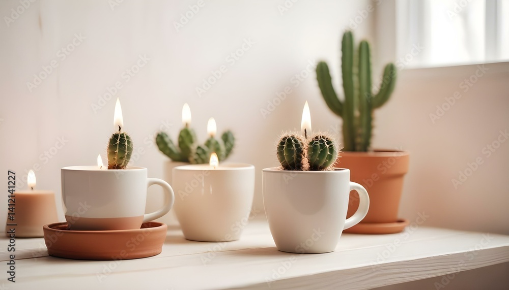 Two mugs mockup with candles and a cactus in a pot on white table. Two mugs mockup with candles and a cactus in a pot on white table.