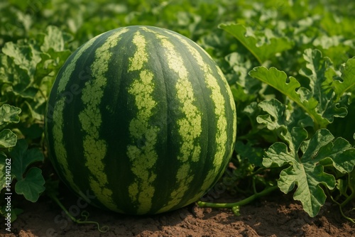 Freshly Grown Watermelon Resting on the Ground in a Vibrant Farm Field During...