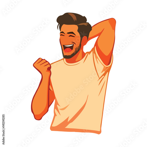 Triumphant Laughing Man Vector: Joyful Male Illustration with Raised Arms