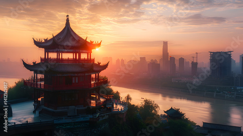 Wallpaper Mural Breathtaking Chongqing Hon Pavilion Sunset Image on Isolated White Background Torontodigital.ca