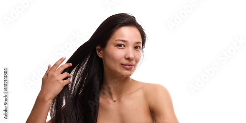 Obraz na płótnie Elegant young Korean woman with spotless, flowing face, silky dark hair against white studio background. Concept of natural beauty, organic cosmetics, skincare branding, wellness w salonie