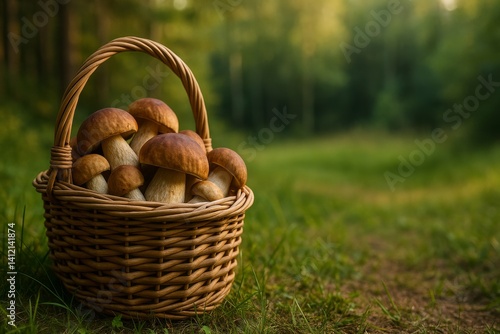 Mushroom Gathering in a Lush Forest Setting During the Early Evening Light
