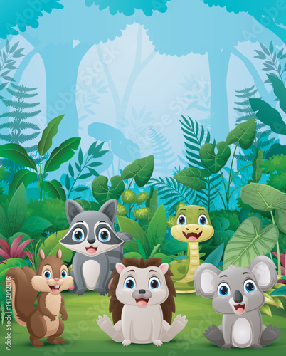 Cute cartoon animals in the forest background