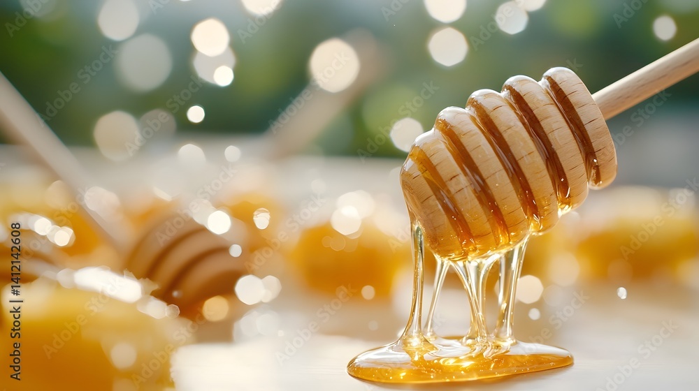 Close up view of a wooden honey dipper with the honey forming delicate gooey strands as it drips from the dipper against a blurred natural background Close up view of a wooden honey dipper with the honey forming delicate gooey strands as it drips from the dipper against a blurred natural background