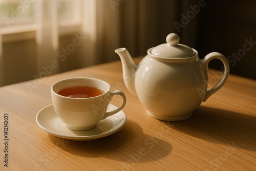 Warm Tea Served in a White Cup Beside a Teapot on a Wooden Table