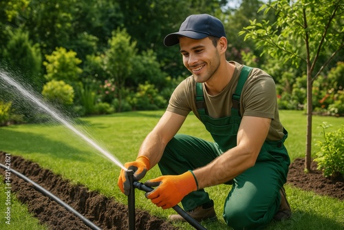Gardener Irrigating a Green Lawn During a Sunny Day in a Backyard Garden