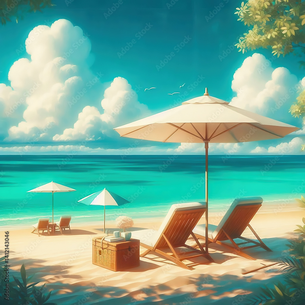 Idyllic beach picture: two deckchairs, parasol, turquoise sea and sand. Vacation Idyllic beach picture: two deckchairs, parasol, turquoise sea and sand. Vacation