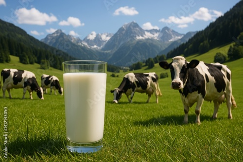 Milk Served in a Glass With Cows Grazing in an Alpine Meadow Under a Blue Sky