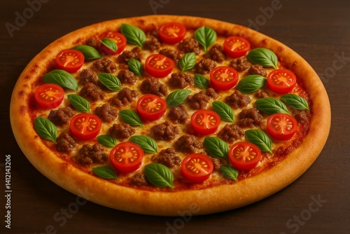Delicious Pizza Topped With Fresh Tomatoes and Basil on Wooden Table