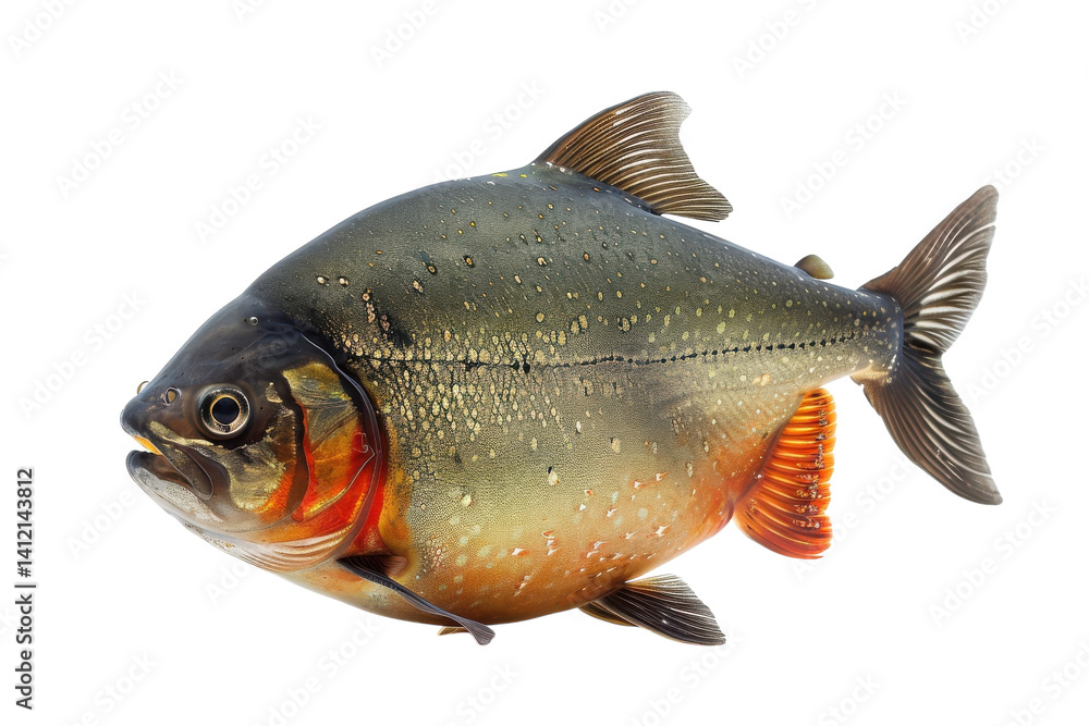 A vibrant piranha showcasing its stunning colors in a serene aquatic environment isolated on transparent background A vibrant piranha showcasing its stunning colors in a serene aquatic environment isolated on transparent background