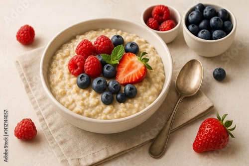 Fresh Fruit Topped Oatmeal Served in a Bowl With Berries on a Table