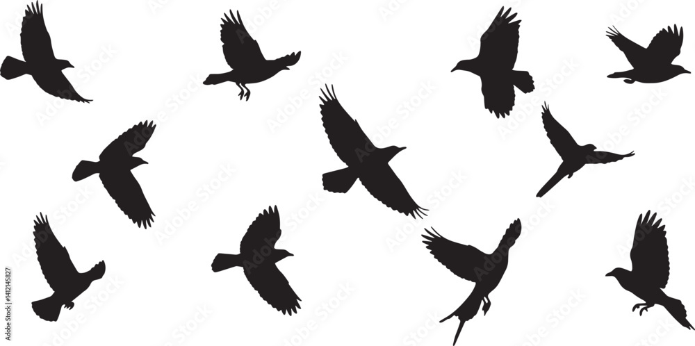 Fototapeta premium Flying Bird Silhouettes – Crows and Ravens in Motion, Minimalist Black and White Art