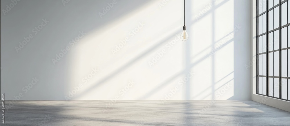 Fototapeta premium Bright empty room with sunlight streaming through a large window creating dramatic shadows