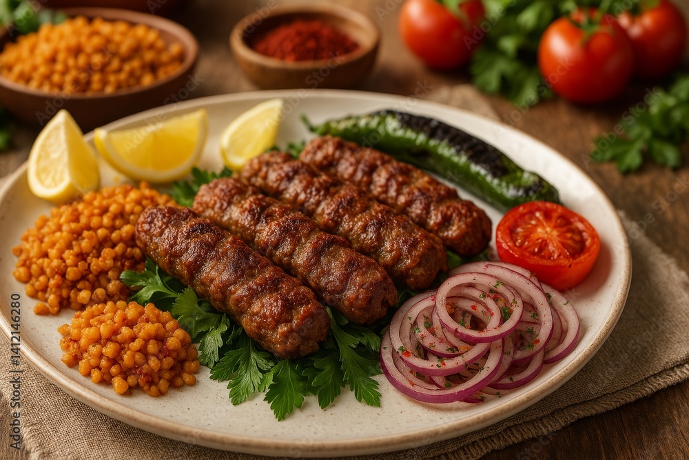 Delicious Grilled Kebabs Served With Fresh Vegetables and Spices on a Rustic Wooden Table Delicious Grilled Kebabs Served With Fresh Vegetables and Spices on a Rustic Wooden Table