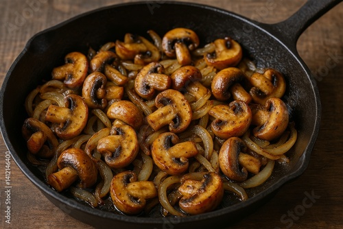 Sauted Mushrooms and Onions in a Cast Iron Skillet on a Wooden Table