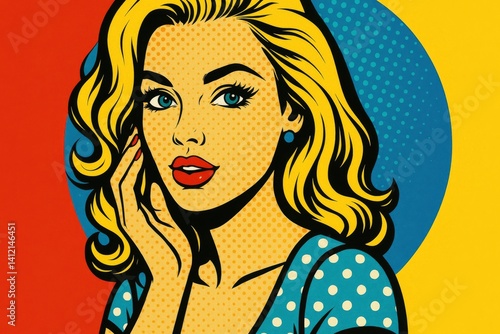 Blonde Woman in a Blue Polka Dot Dress Poses Thoughtfully Against a Vibrant B...