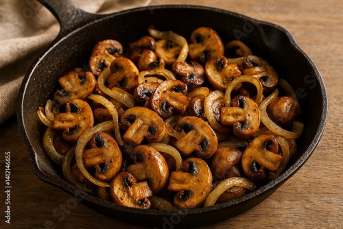 Sauted Mushrooms and Onions in a Cast Iron Skillet on a Wooden Table