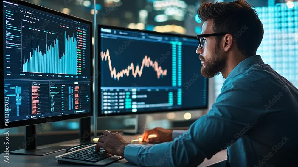Professional stock market investor analyzing financial data on computer screens Professional stock market investor analyzing financial data on computer screens