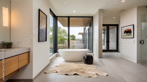 modern bathroom interior with a freestanding bathtub in center, large window, clean lines, soft netural lighting, sleek and modern design, a white wall