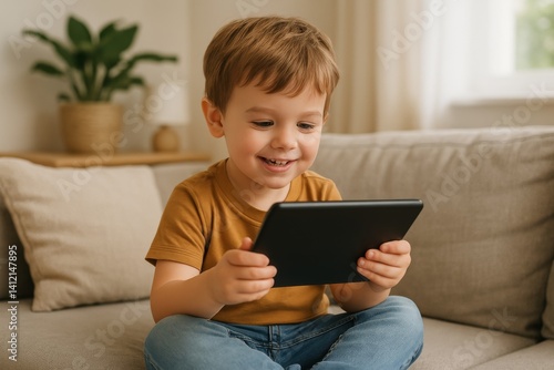 Young Child Enjoys Tablet on Cozy Couch in Bright Living Room During Afternoo...