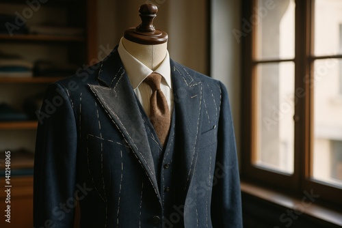 Tailored Dark Suit in a Workshop With Detailed Stitching Showcases Craftsmanship and Style