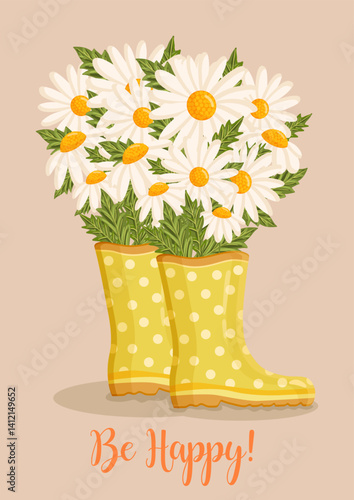 Bouquet of white chamomile flowers in yellow rain boots. Spring composition for Women's Day, Mother's Day, Valentine's Day and other holidays. Spring floral design isolated vector illustration.