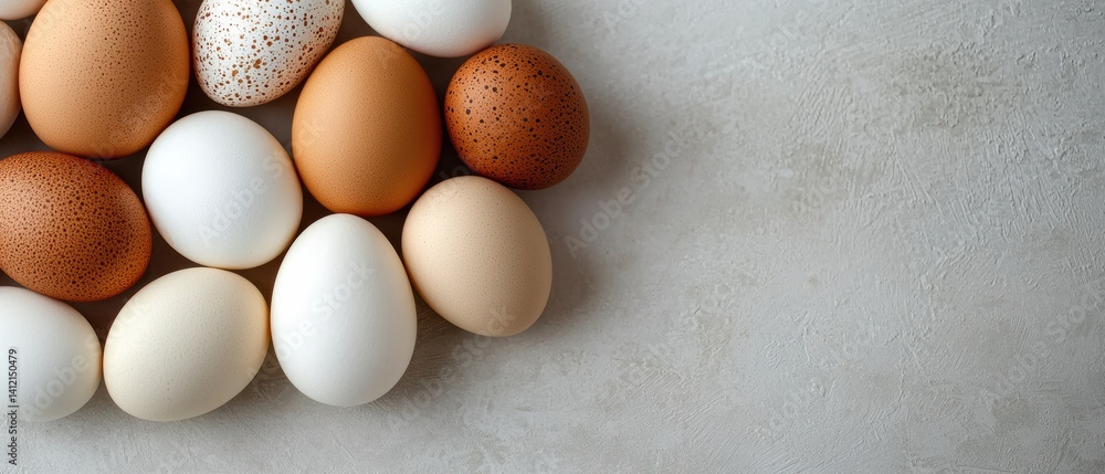 Assorted white and brown eggs piled on light gray background for national egg day