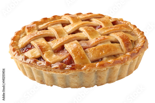A golden-brown apple pie, its lattice crust promising a sweet and comforting taste, perfect for a cozy autumn afternoon against a bright white background.