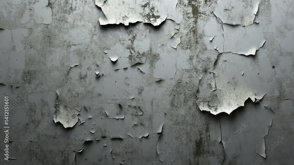 Obraz premium Detailed close-up of peeling paint on a weathered wall with a grey texture illustrating layers of decay and neglect in an urban environment