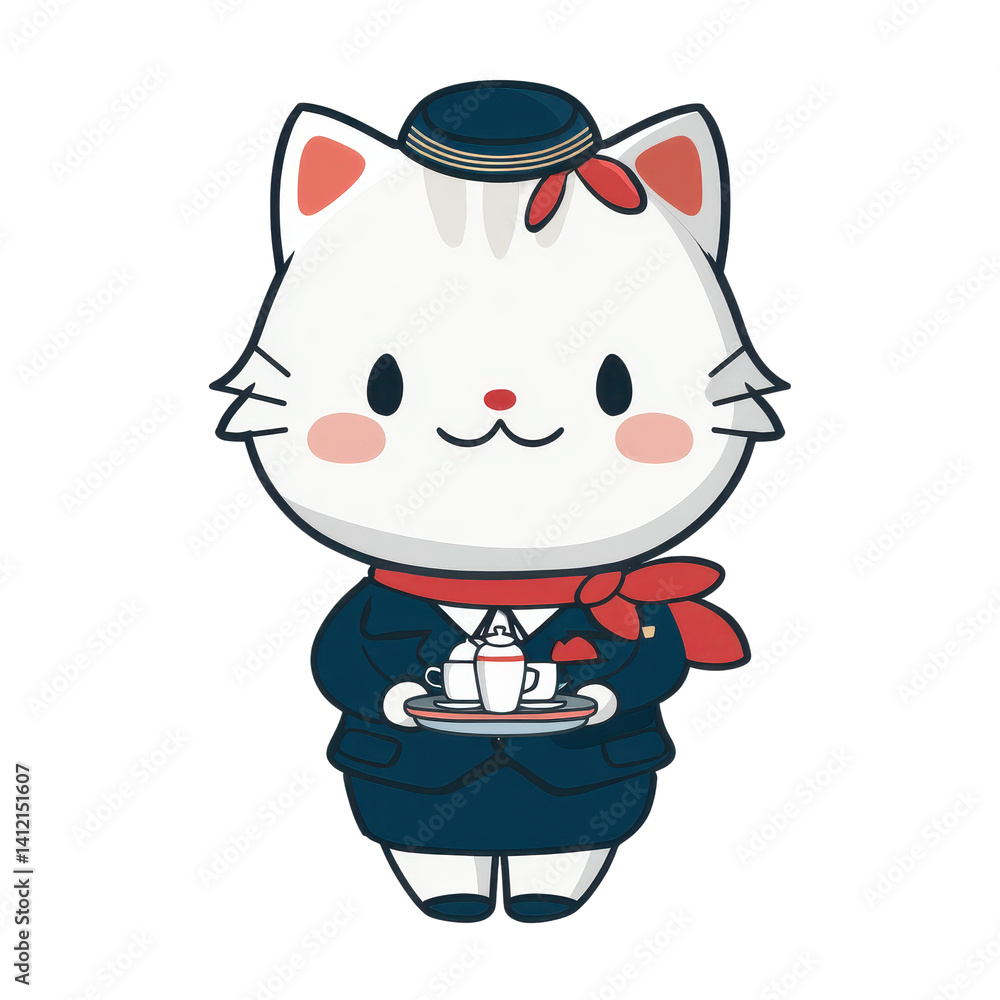 Adorable Cat Flight Attendant Serving Drinks Cartoon Illustration Adorable Cat Flight Attendant Serving Drinks Cartoon Illustration