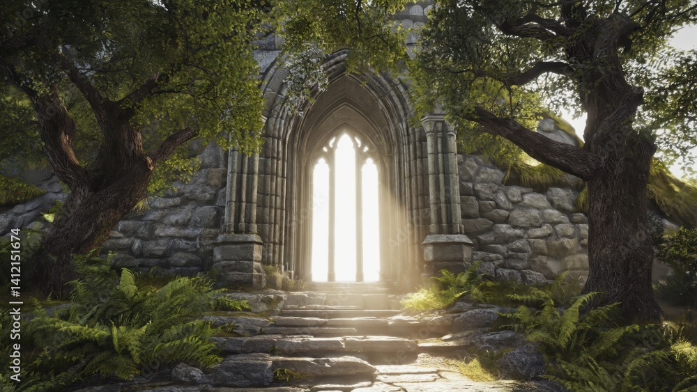 Obraz premium Ancient architectural ruins with a grand gothic arch and sunlit doorway.