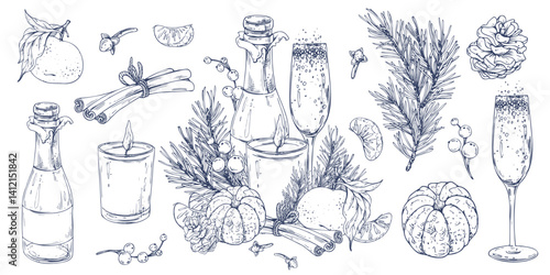 Christmas decor with tangerines, champagne. sweets and pine branches. Graphic illustration hand drawn in black ink. A set of separate isolated elements of objects EPS vector.